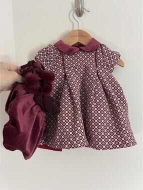 Luli & Me Burgundy Jacquard Geometric Velvet Trim Dress Set, 3 Months, 3-Pieces